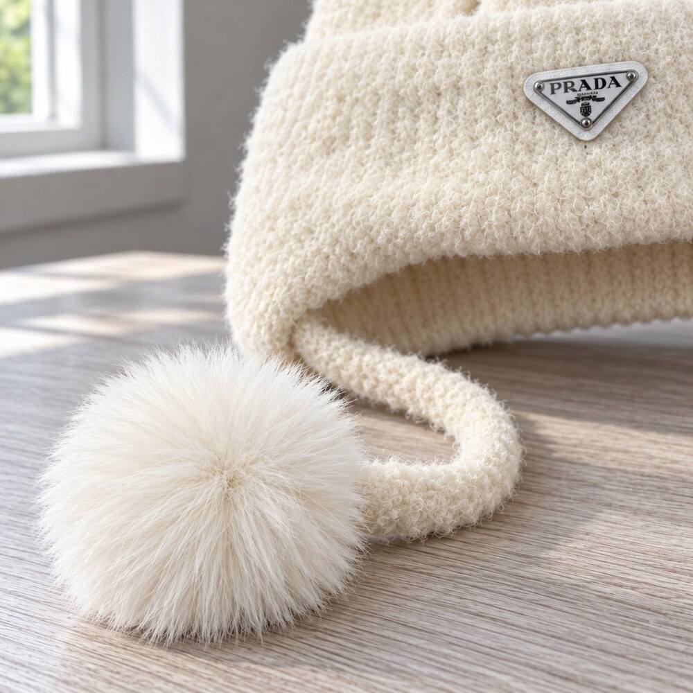 Prada Ivory Earflap Hat with Pom-Poms - Picture 6 of 6